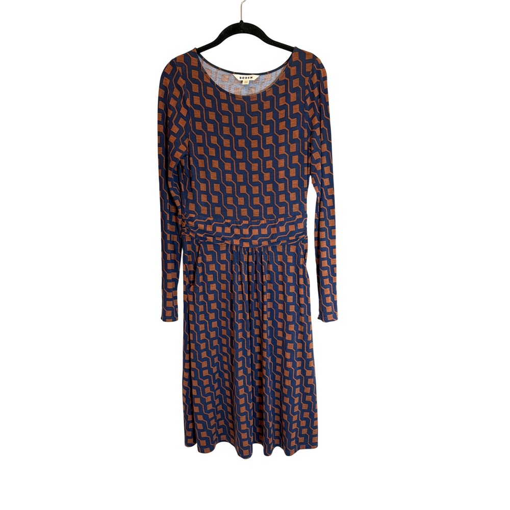 Boden Navy Blue Rust Geometric Print Long Sleeve Jersey Dress Pockets US‎ 6R